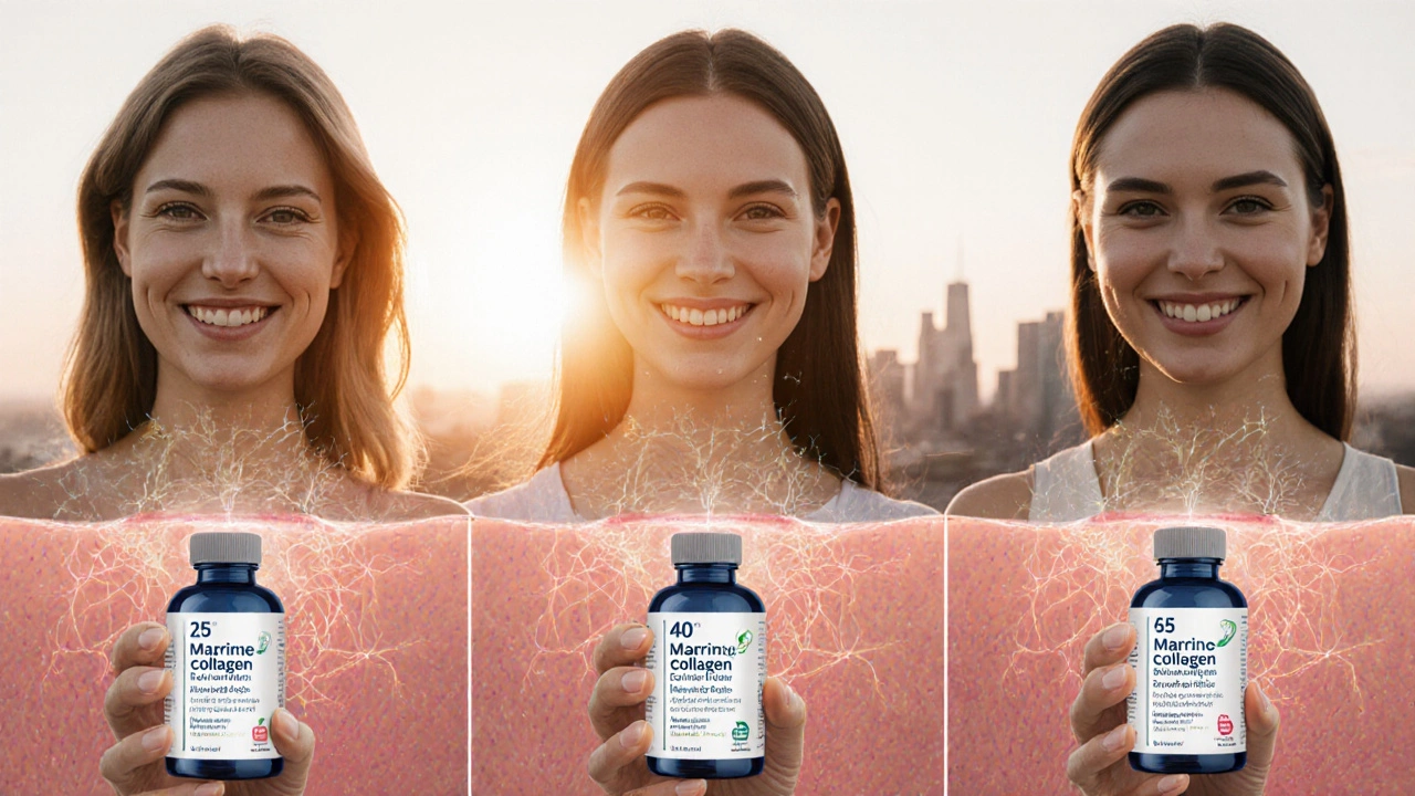 Tři ženy různých věků drží láhve kolagenu, pod jejich pokožkou se projevují rostoucí kolagenové vlákna.