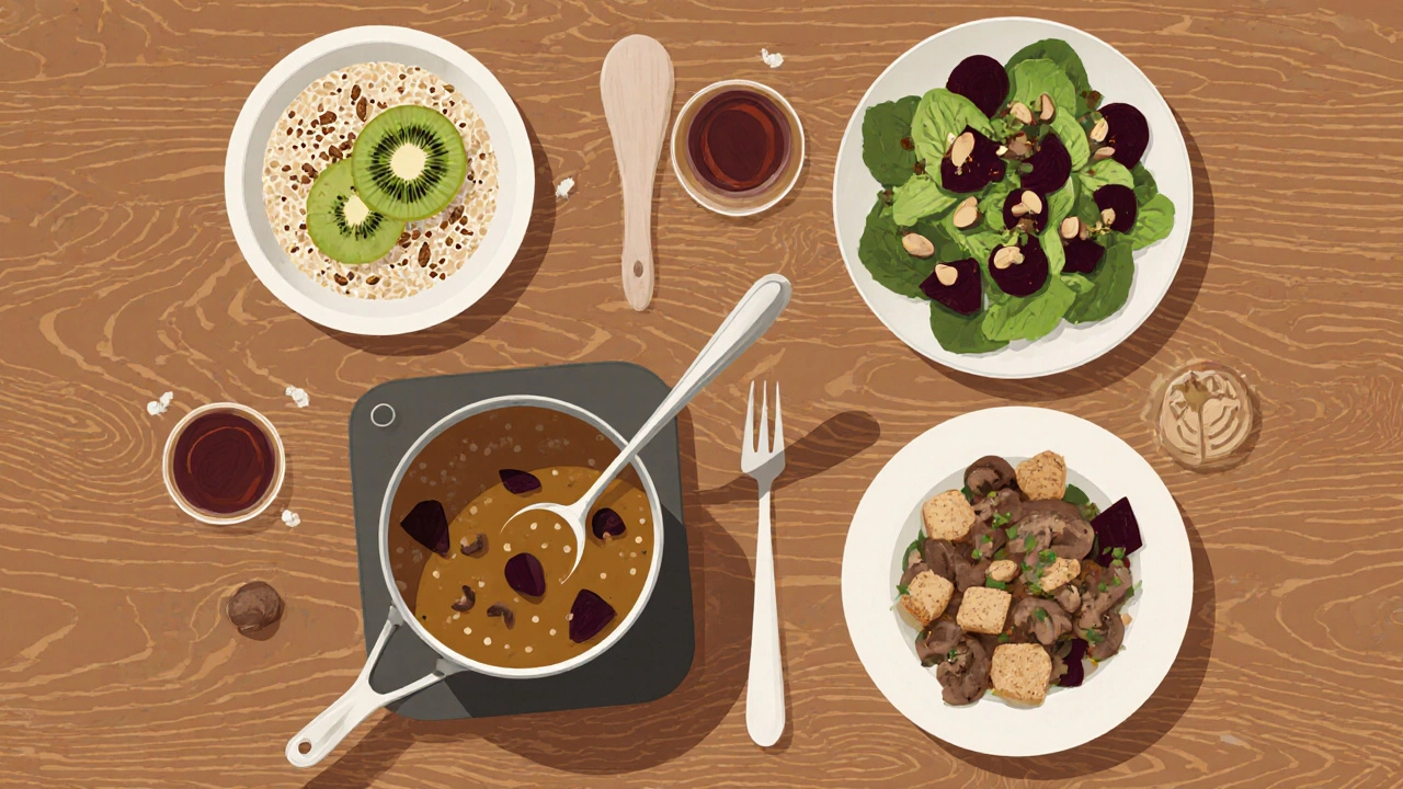 Týdenní plán stravy pro zdravé klouby: kaše, polévka, salát a tofu na dřevěné desce.