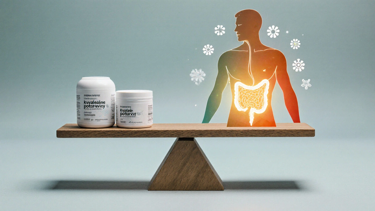 Váha symbolizující rovnováhu mezi probiotiky, stravou a zdravím těla.