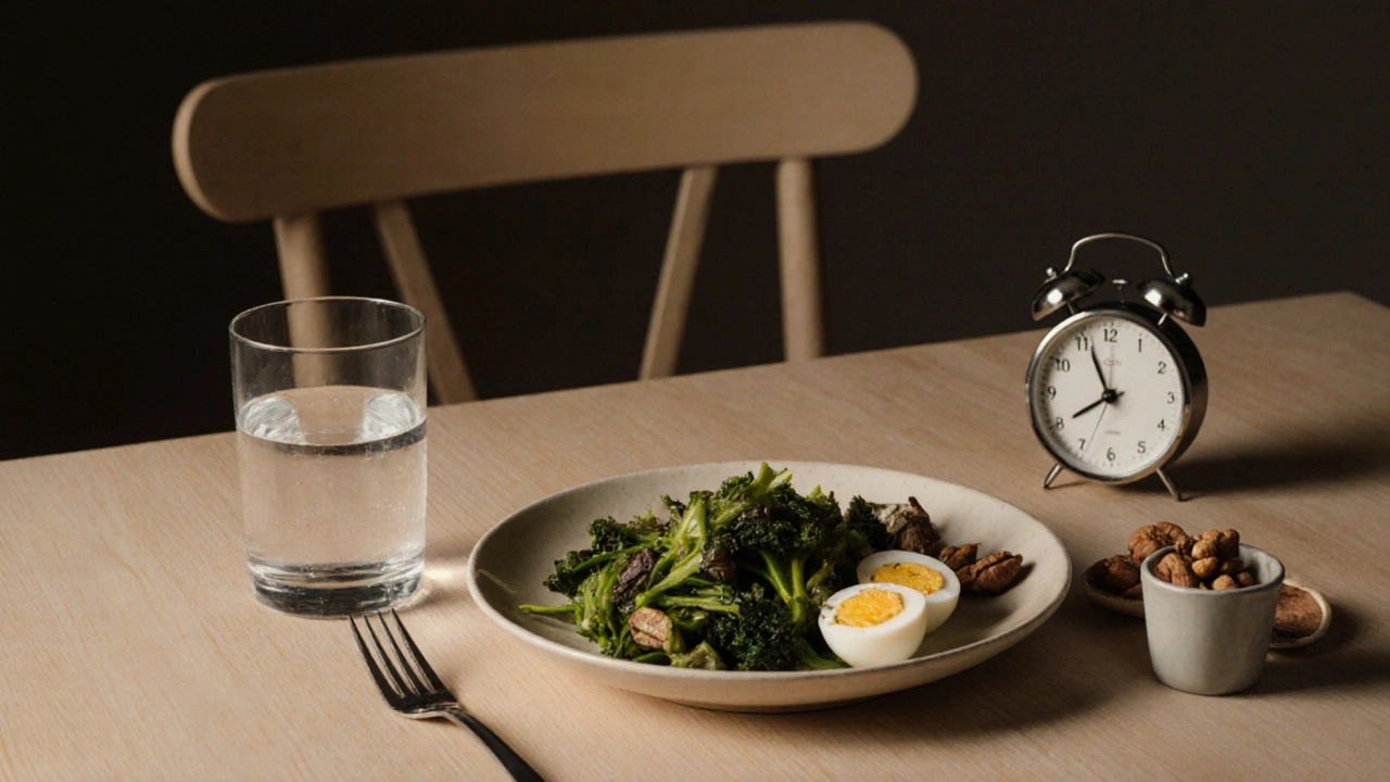 Večerní jídlo bez cukru a zpracovaných potravin: zelenina, vejce, ořechy a voda.