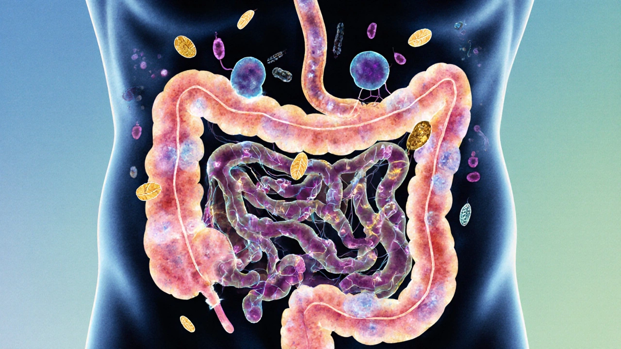 Vitrální ilustrace zdravého střevního mikrobiomu s laktobacily a prebiotiky