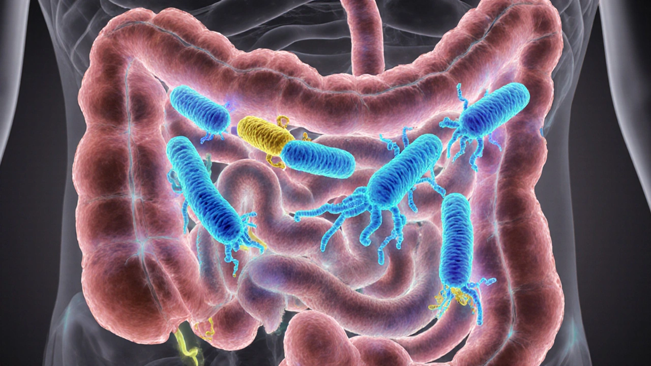 Vnitřní obraz střeva s přátelskými bakteriemi laktobacilů bojujícími proti škodlivým patogenům.
