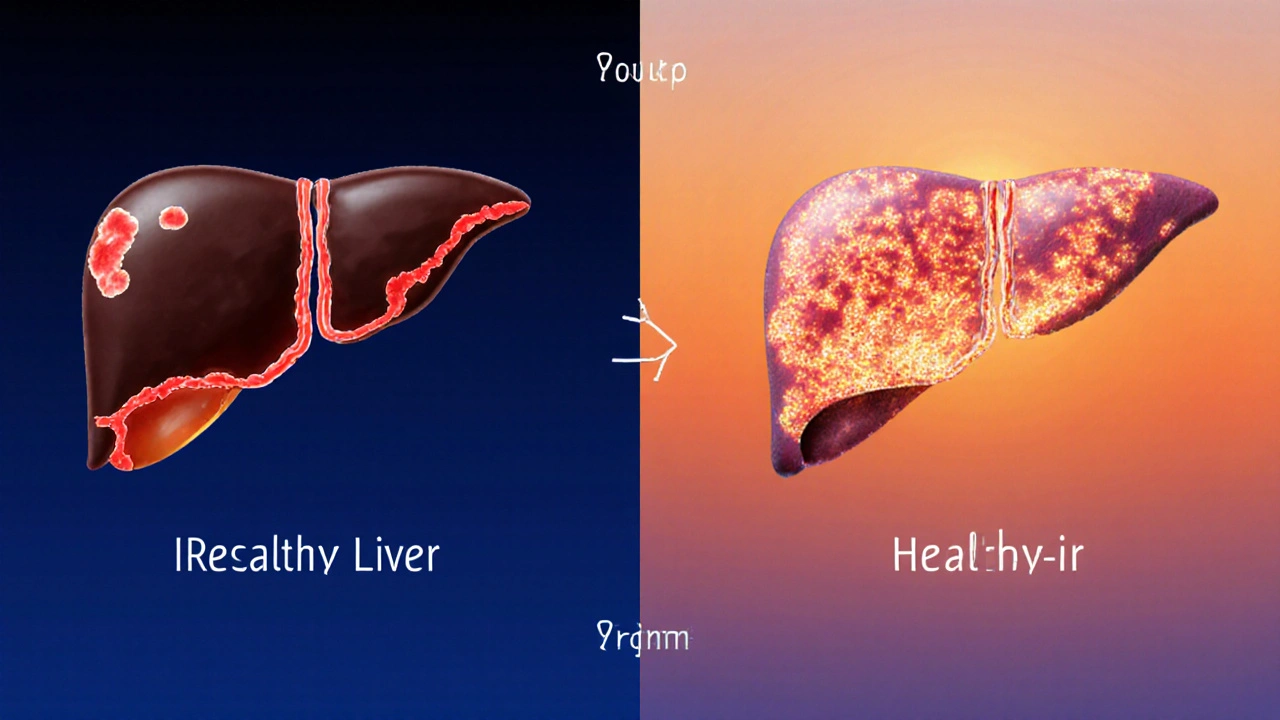 Zdravá játra se postupně obnovují z poškozeného stavu v ilustraci s přechodem barev.