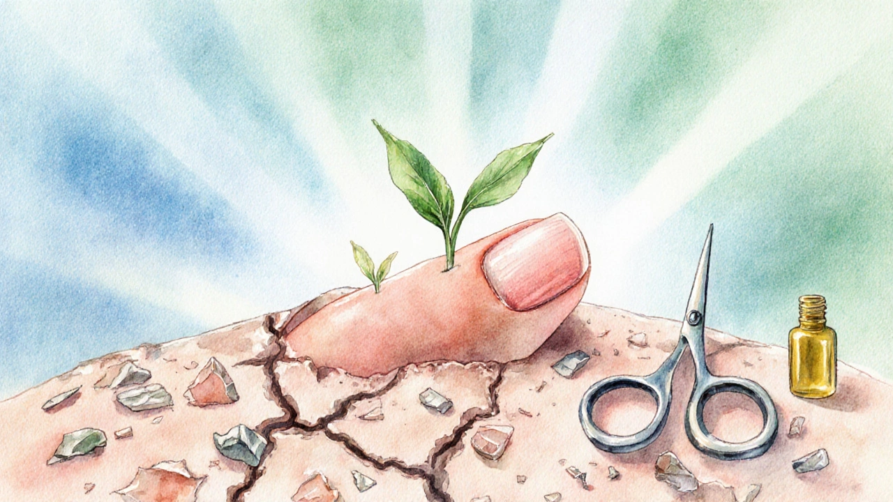 Zdravé nehty rostou z hojící se kůže, symbolizující obnovu a léčbu.