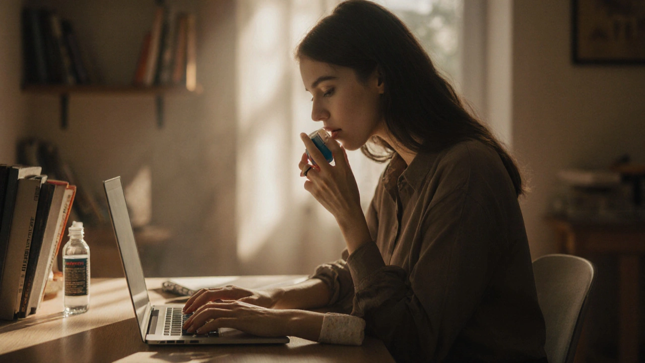 Žena drží kuličku na stres, zatímco se snaží přestat kousat nehty při práci na počítači.