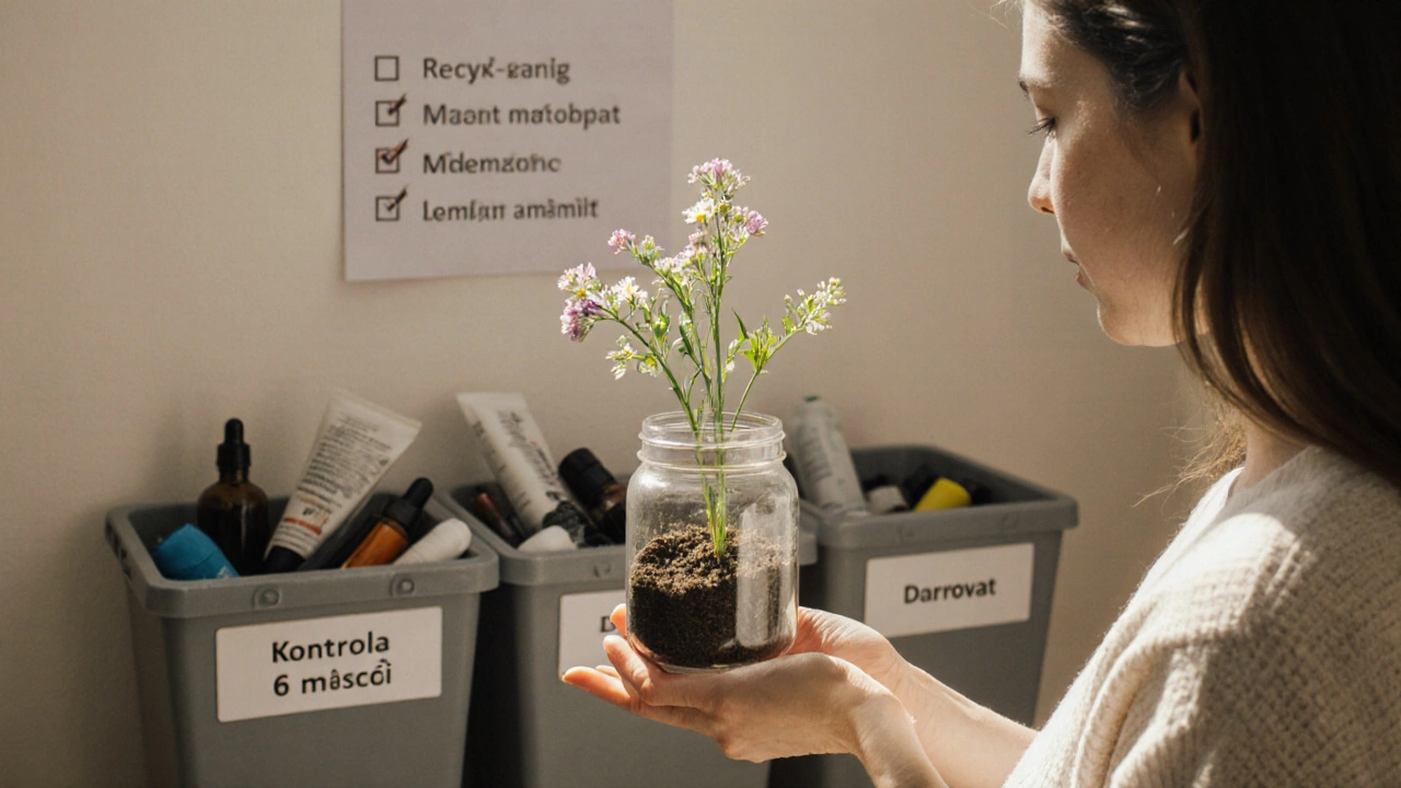 Žena drží rostlinu v přeměněné krabičce z kosmetiky, zatímco obaly třídí do kontejnerů.
