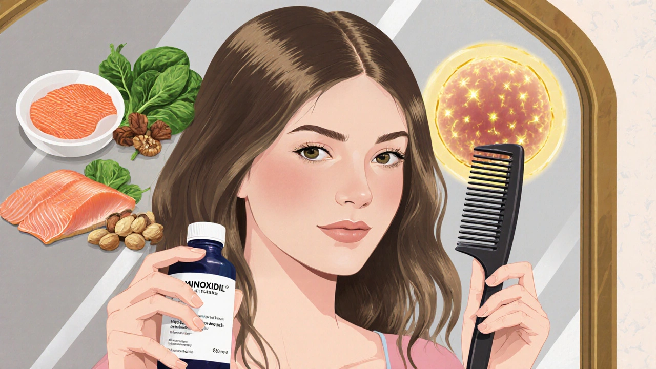 Žena se dívá do zrcadla, drží lék a hřeben s vlasy, za ní jsou potraviny pro vlasy.