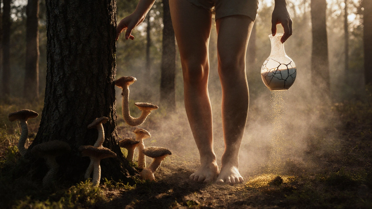Žena stojí v lese, drží rozbitou vázu s bakteriemi, houby se jí vinou po nohách, ranní mlha.