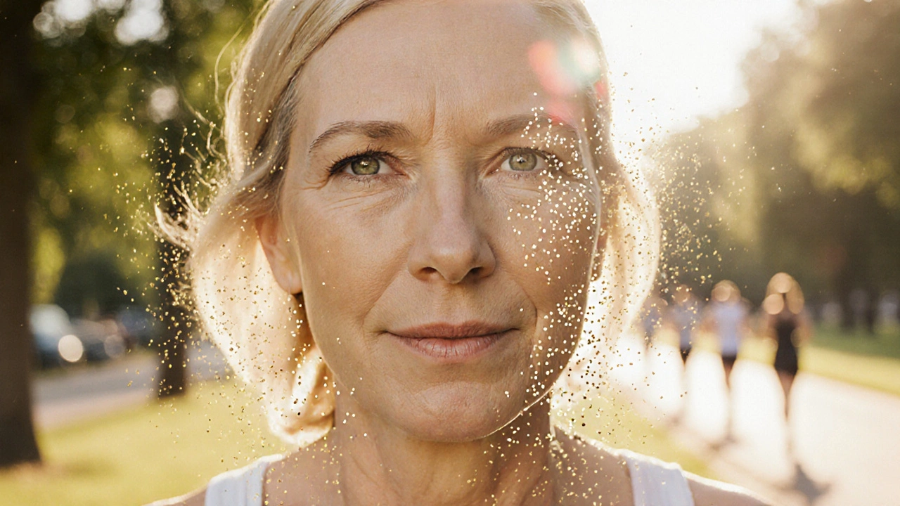 Žena ve věku 40 let prochází parkem, její pokožka vypadá hladceji, jemné vrásky kolem očí jsou zjemněné.