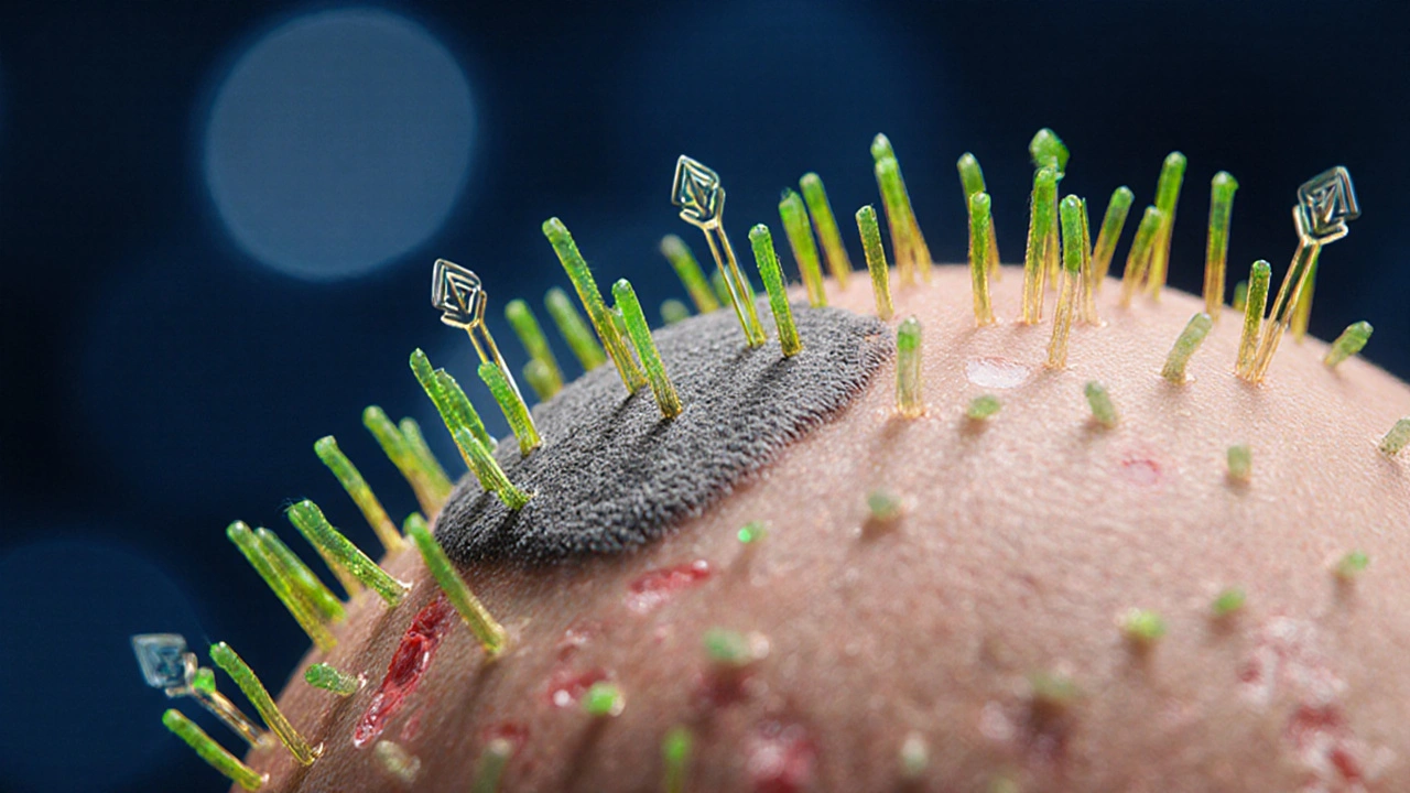 Zvětšený pohled na pokožku hlavy s aktivními a neaktivními vlasovými folikuly.