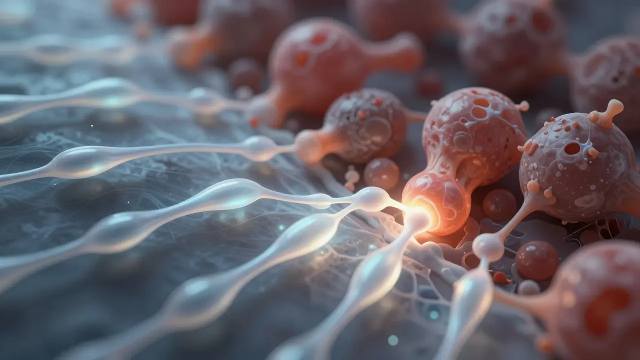 Abstraktní znázornění menších molekul rybího kolagenu, které snadno vstřebává kloub, proti hrubším molekulám hovězího kolagenu.