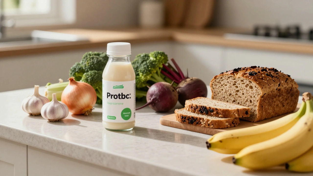 Čerstvé potraviny bohaté na prebiotika vedle probiotického doplňku.