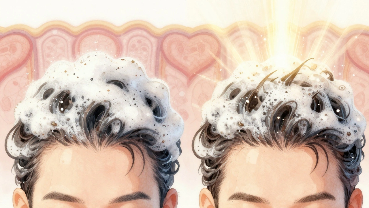 Dvě fáze mytí vlasů: šmouha na levé straně, čisté pěny na pravé.