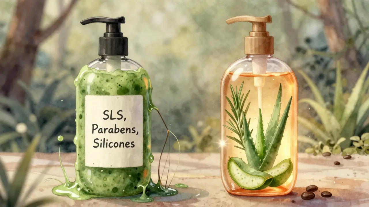 Dvě láhve šamponu: jedna s toxickými složkami ničícími vlasy, druhá s přírodními ingrediencemi.