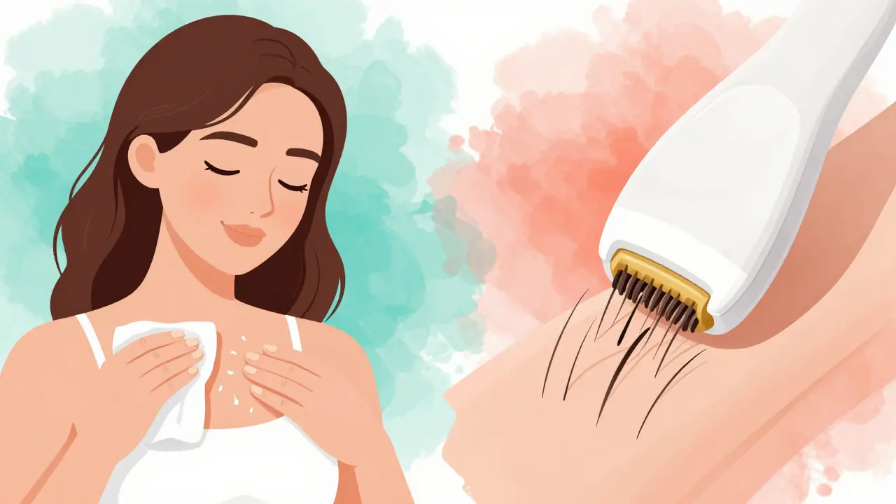 Dvě metody odstraňování vlasů: krém na jedné straně, epilátor na druhé, barevné pozadí.