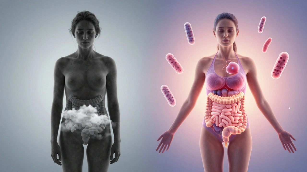 Dvě verze člověka: unavený vs. zdravý s obnovenou střevní mikroflórou.