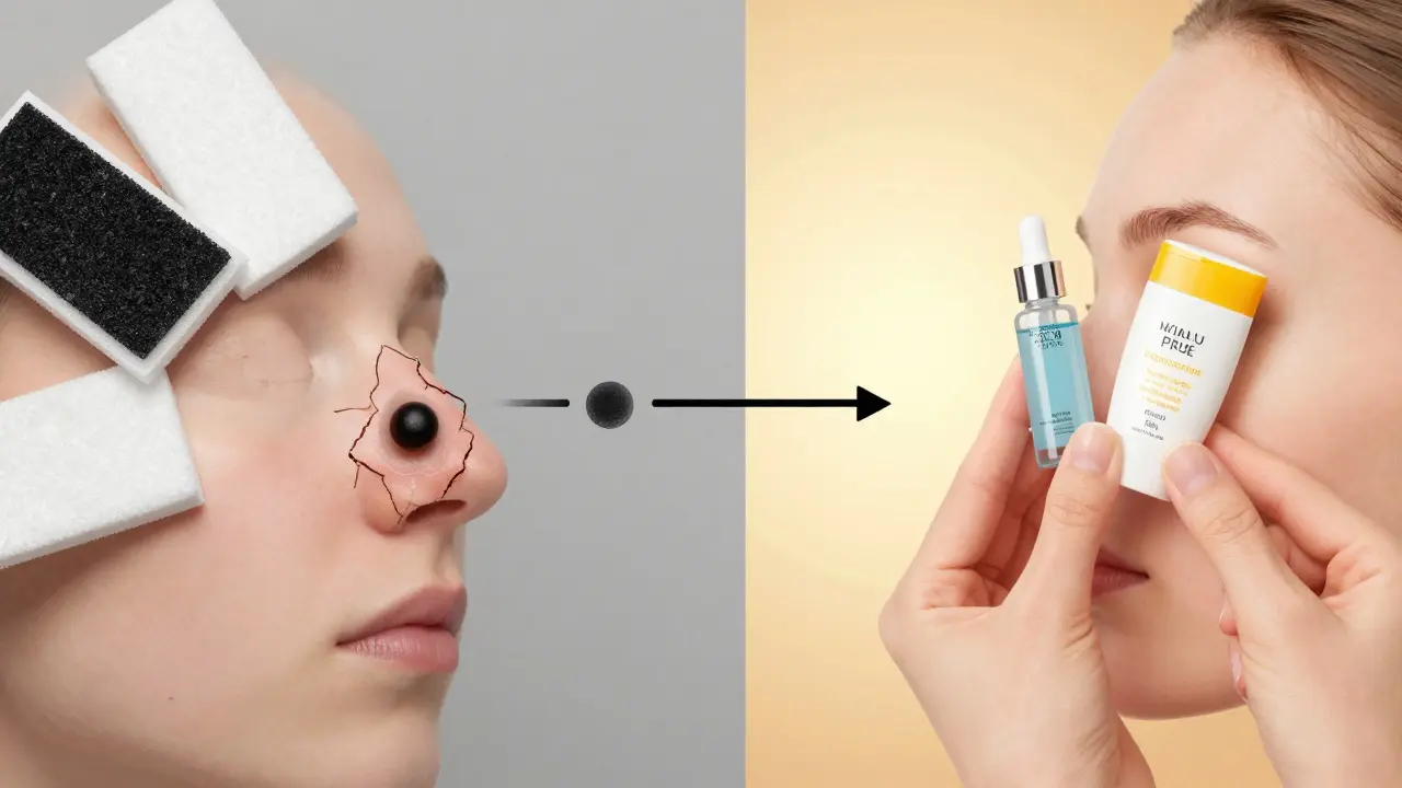 Dvoučástní obrázek: poškozené póry vlevo a zdravé póry vpravo s příznaky správné péče