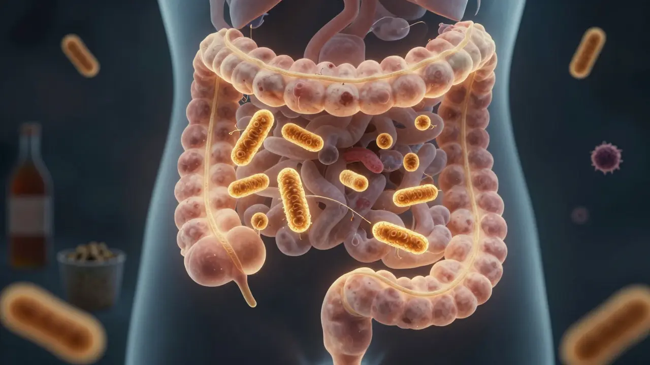 Glowing beneficial bacteria thriving in human intestines, contrasted with fading harmful microbes.
