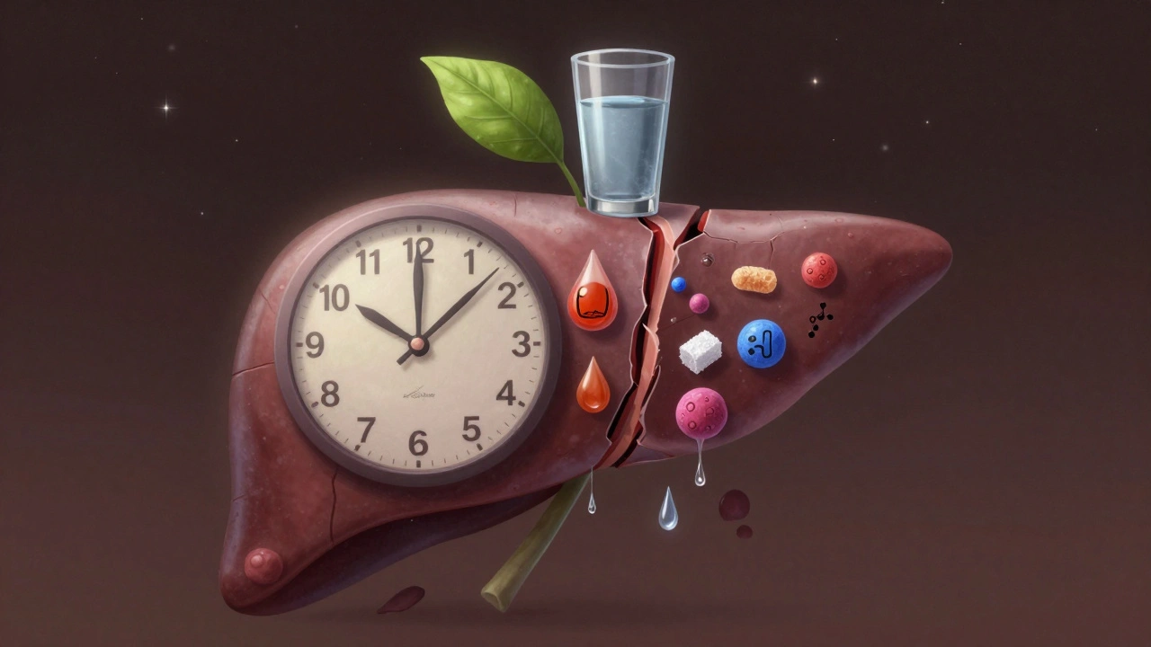 Hodiny s buňkami jater, které klesají pod tlakem toxinů, zatímco list a voda symbolizují obnovu.