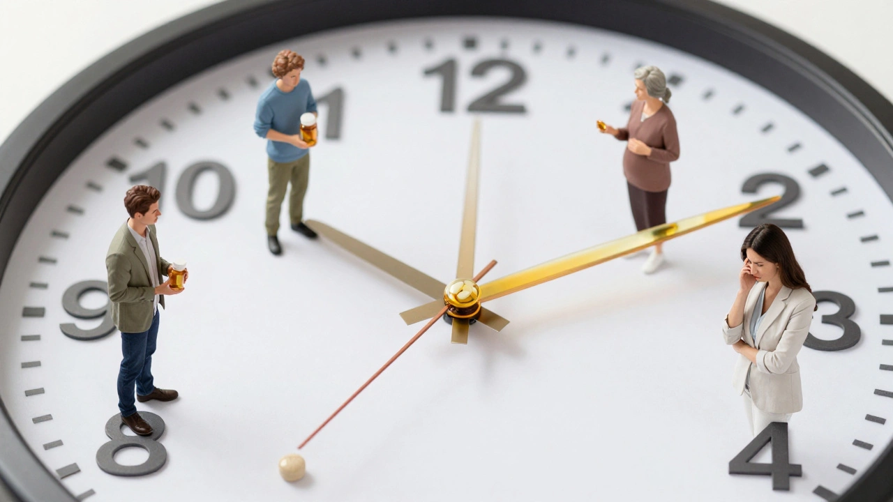 Hodiny složené z tabletek vitamínu B s proudem žluté tekutiny, kolem nich čtyři lidé různých skupin.