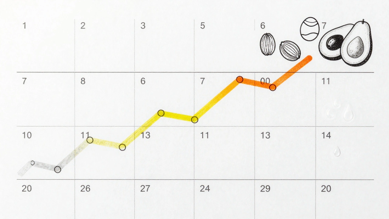 Kalendářový přehled růstu nehtů od zimy do léta s výživovými symboly.