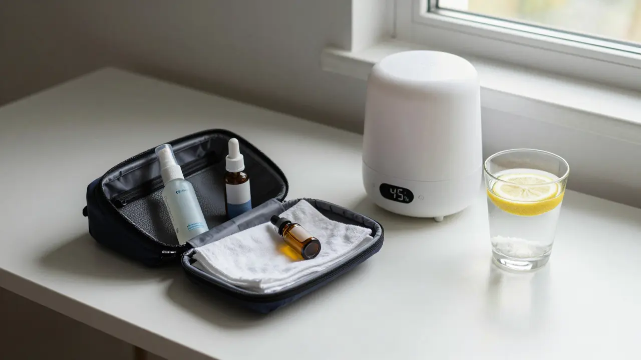 Malá cestovní taška s potřebami pro péči o suchou pokožku: sprej, olej, ručník a vlhčič vzduchu.