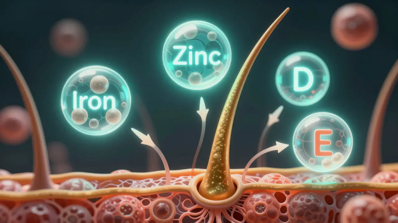 Molekulární struktury vitamínů a minerálů napájející vlasový folikul.