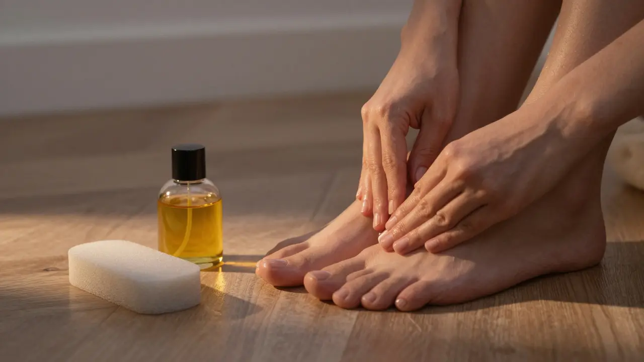 Osoba hladí nehty na nohou olejem v klidném prostředí večerního osvětlení.