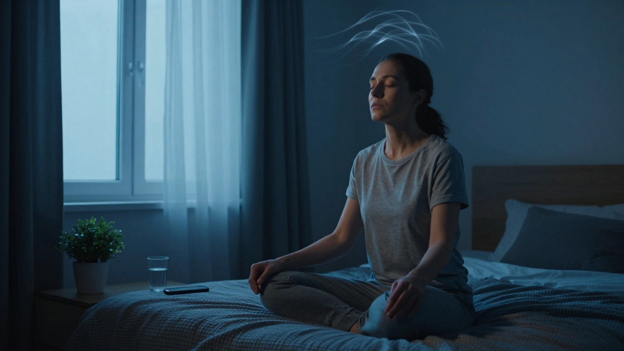 Osoba medituje ve tmavé ložnici, telefon je vypnutý, symbolizuje klid a obnovu kůže.