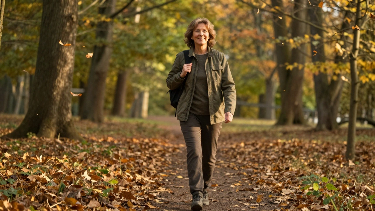 Osoba se klidně prochází v lese, znázorňující obnovu pohyblivosti po léčbě.