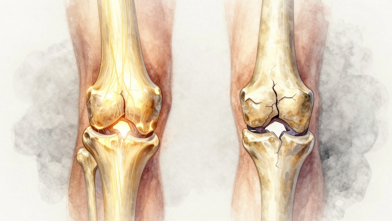 Porovnání zdravé a poškozené kloubní chrupavky s kolagenovými vlákny.