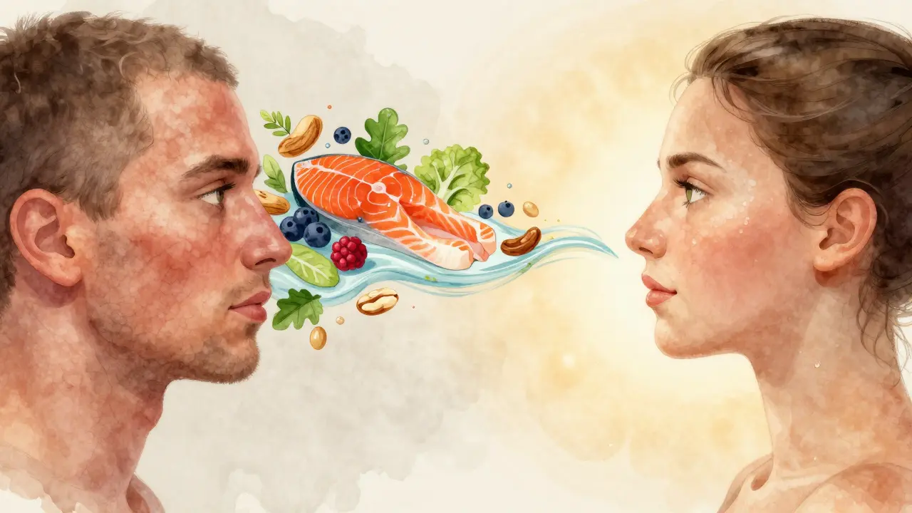 Přechod pleti od matné a zánětlivé k zářivé a zdravé, spojený tokem potravin bohatých na antioxidanty a omega-3.