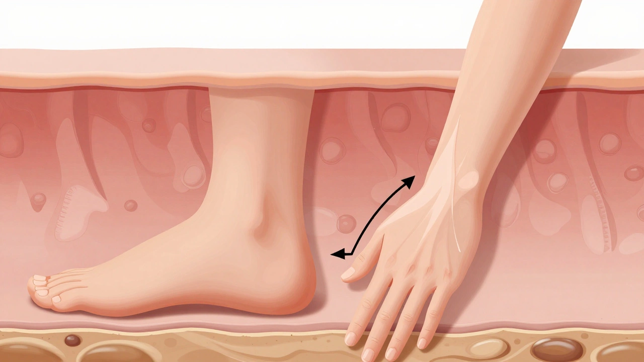 Přehled tloušťky kůže: silná na patách, tenká na vnitřní straně paže.