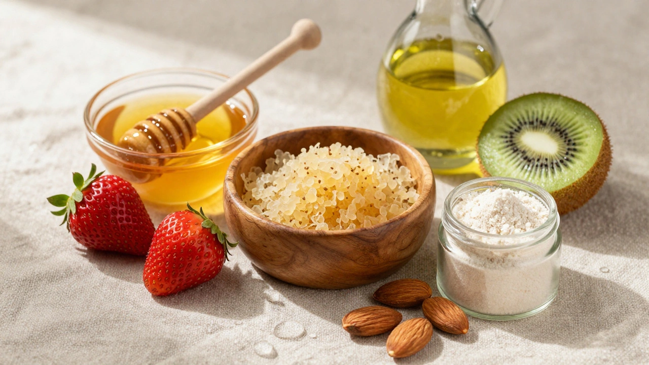 Přirozené suroviny pro zdravou kůži: med, olej, ořechy a bobule.