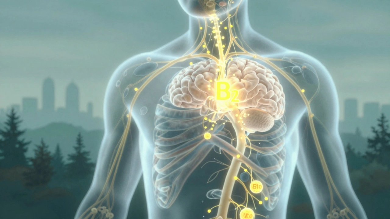 Průřez lidského těla s proudem vitamínů B aktivujících nervy a mozek v tichém krajinovém pozadí.