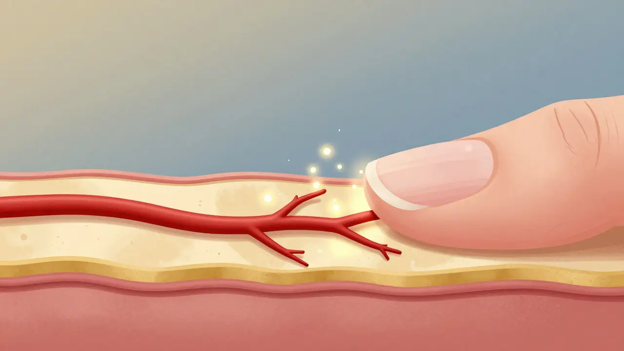 Průřez nehtovou maticí s krvními cévami dodávajícími živiny pro růst nehtu.