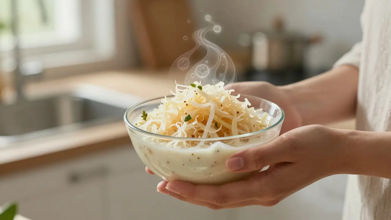 Ruce drží kyselé zelí a kefír, s jemným překryvem aktivujících se buněk pleti, symbolizující souvislost střev a pleti.