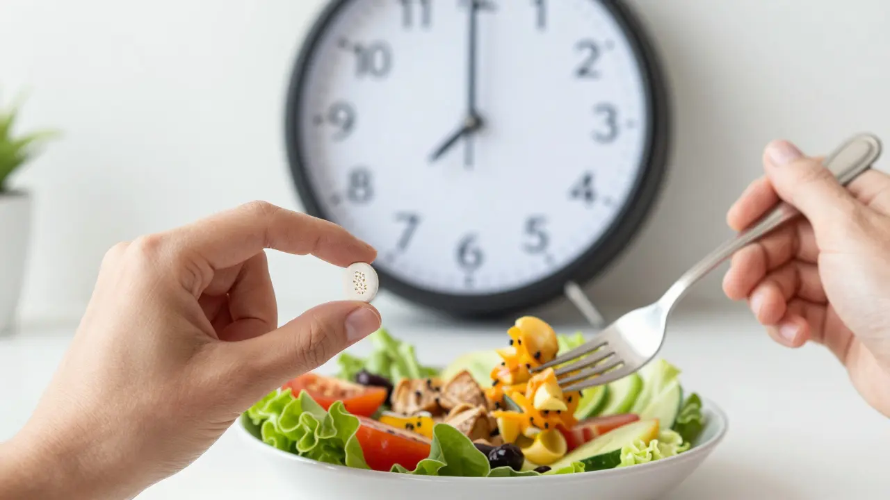 Ruce drží probiotikum a zdravou sálu, symbolizující dlouhodobou podporu trávení.