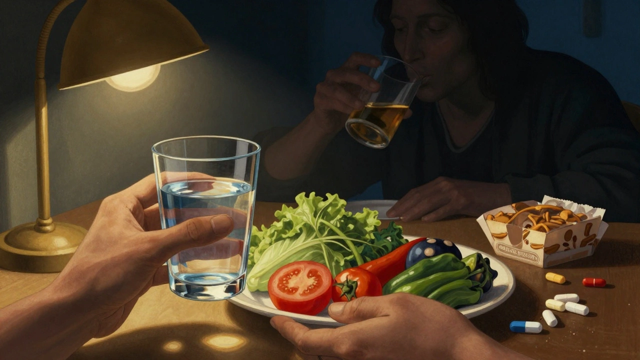 Ruce držíce zdravou potravu a voda, zatímco za nimi stín člověka konzumuje alkohol a zpracované potraviny.