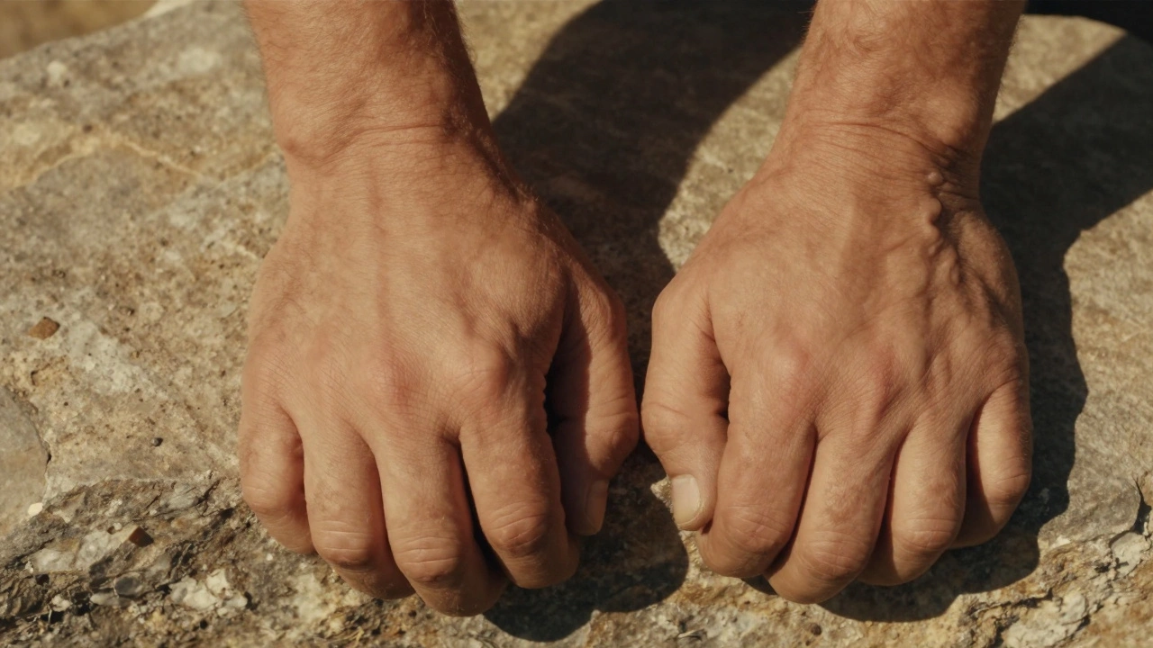 Ruce s hrubou kůží na dlaních a pěstích, držící hrubý kámen.