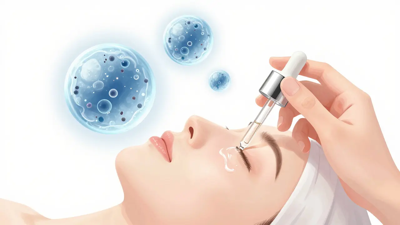 Ruka aplikuje sérum se salicylovou kyselinou na obličej s mikroskopickými částicemi čistícími póry