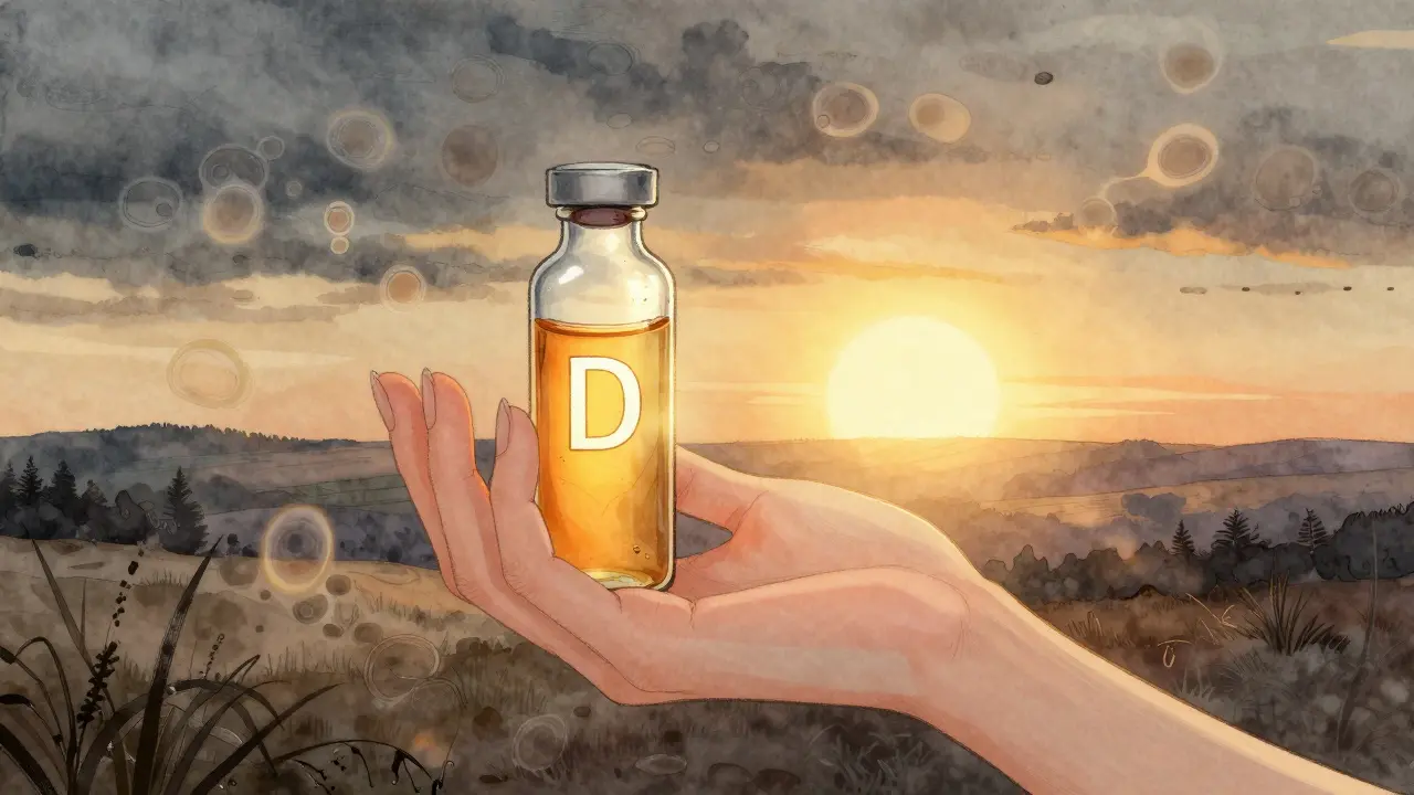 Ruka drží skleněnou lahvičku s vitamínem D, za ní přechod z podzimu na jaro