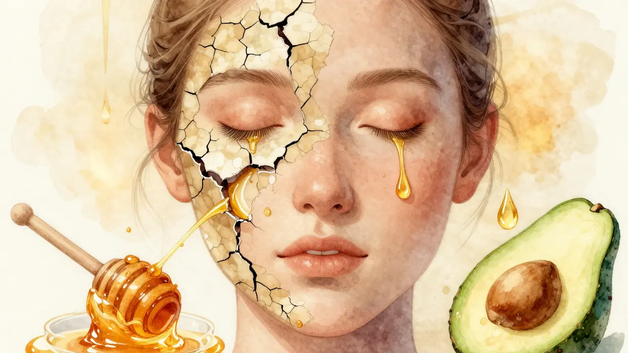 Symbolická ilustrace obličeje s poškozenou bariérou, kterou opravují přírodní látky jako ceramidy a oleje.