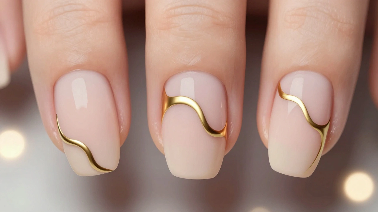 Tři nehty s zlatými US čárami na přirozeném pozadí, elegantní a minimalistické.