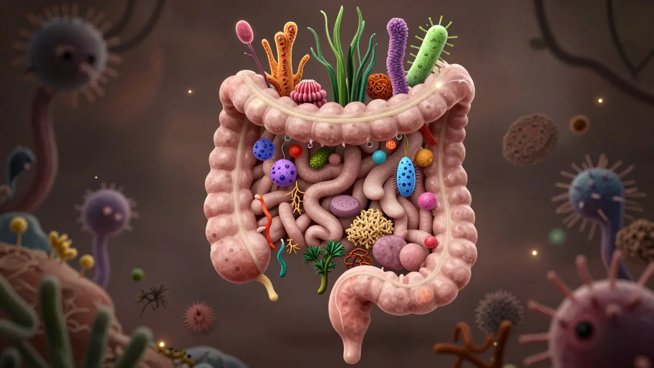 Vizualizace zdravého střevního mikrobiomu jako kvetoucí zahrady s přirozenými bakteriemi a vlákninou.