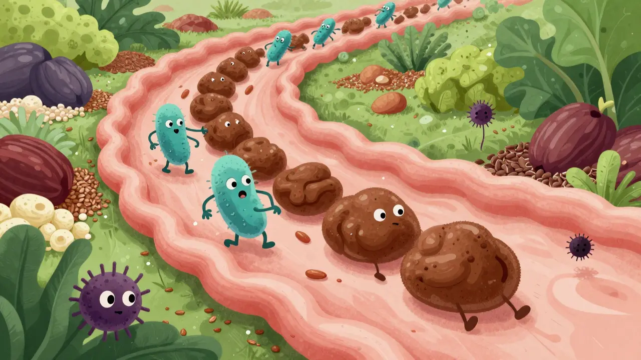 Vnitřní střevo s přátelskými bakteriemi, které pomáhají pohybovat stolicí, okolo něj jsou potraviny bohaté na vlákninu.