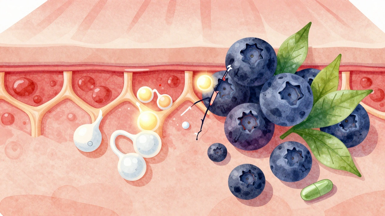 Vnitřní struktura kůže: poškozený kolagen vs. obnova pomocí antioxidantů z bobulí a zeleného čaje.