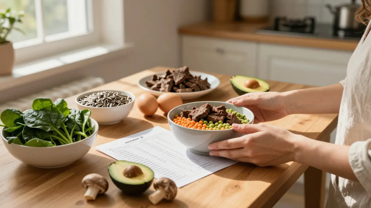 Zdravá jídla bohatá na železo a vitamíny na dřevěném stole.