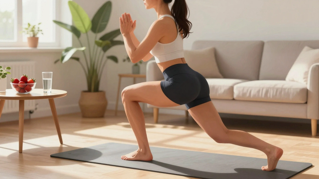 Žena dělá tělesné cvičení s odporom v domácím prostředí.