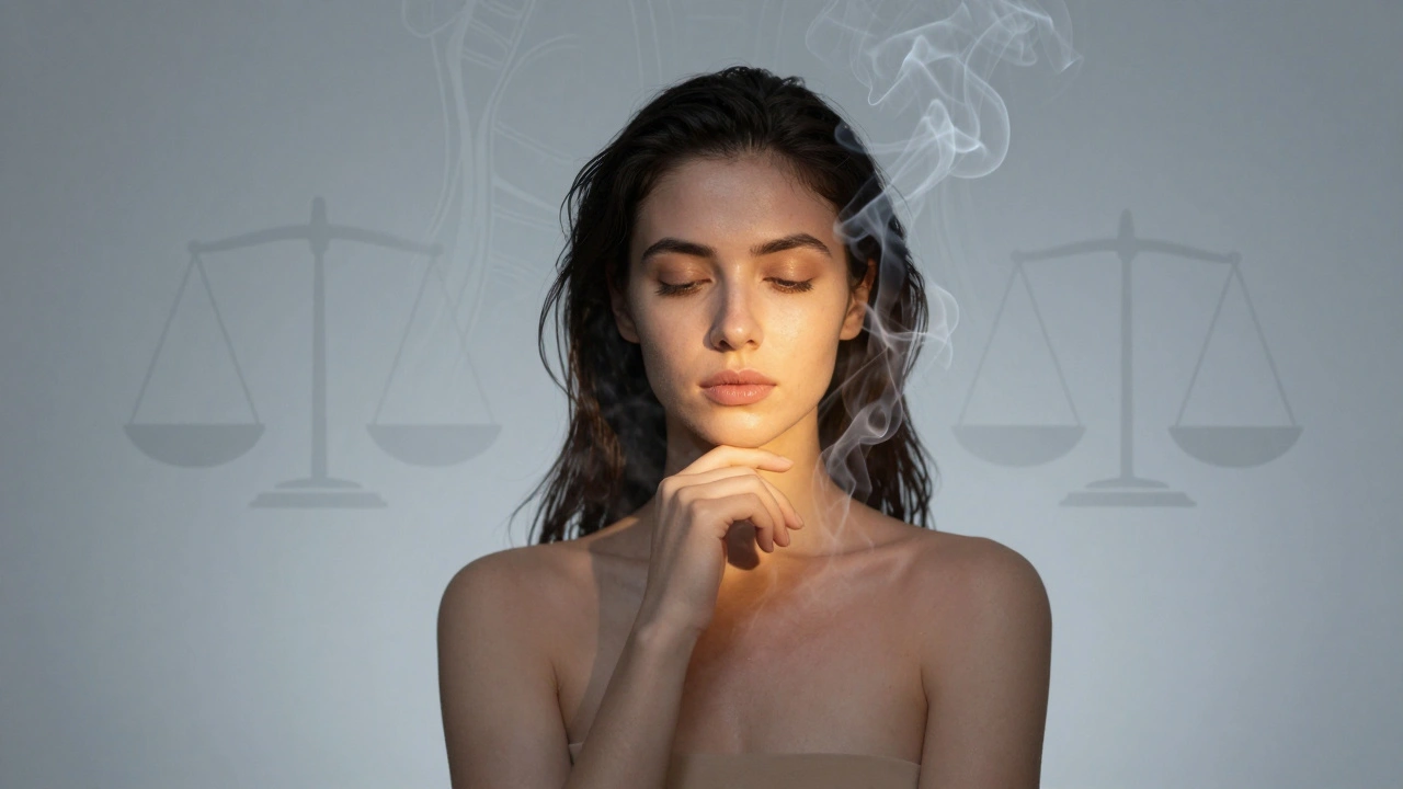 Žena, jejíž chloupky na bradě se mění v kouř, symbolizující hormonální rovnováhu a trvalé řešení.